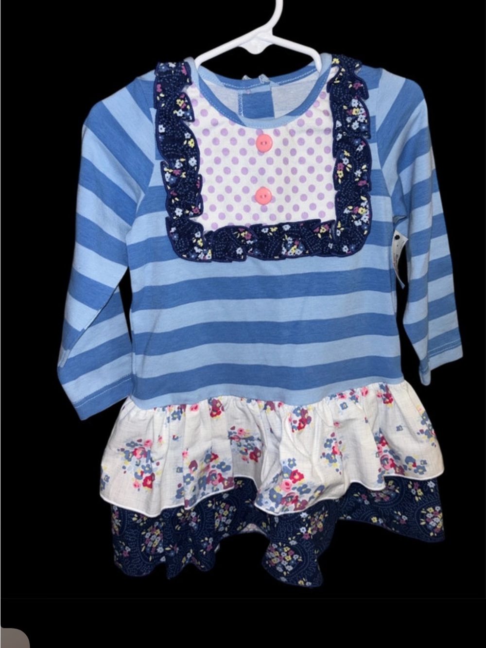 Girls Blue Striped Ricrac and Ruffles Hem Top with Floral Accents